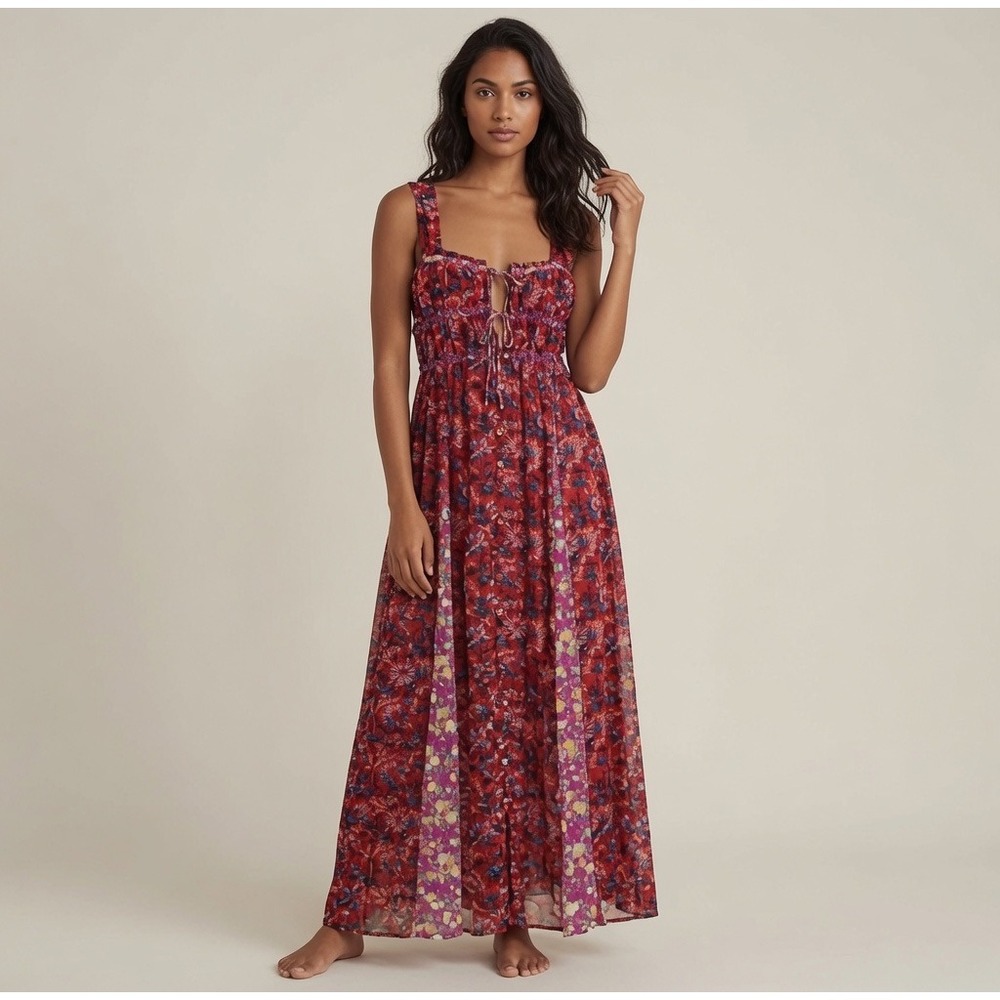 Free People Red Floral Maxi Dress with Purple Accents